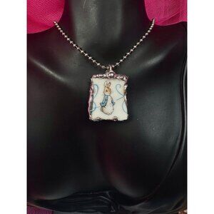 Peter Rabbit Wedgwood Broken China Pendant w/ Silver Artisan Bezel  & Ball Chain